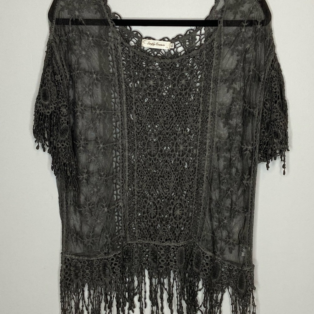 Simply Couture Sheer Embroidered Short Sleeve Fringe Top Grey NWOT Festival